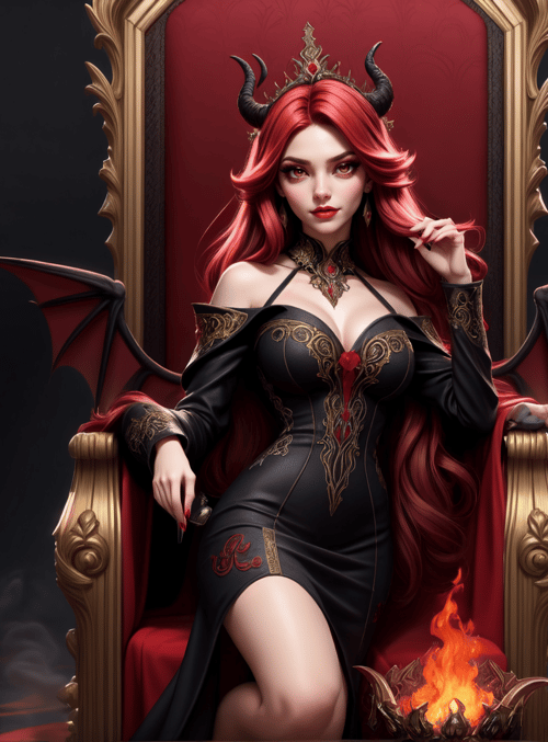demon queen, red hair, black dress, crown, wings, chair, fire, candle