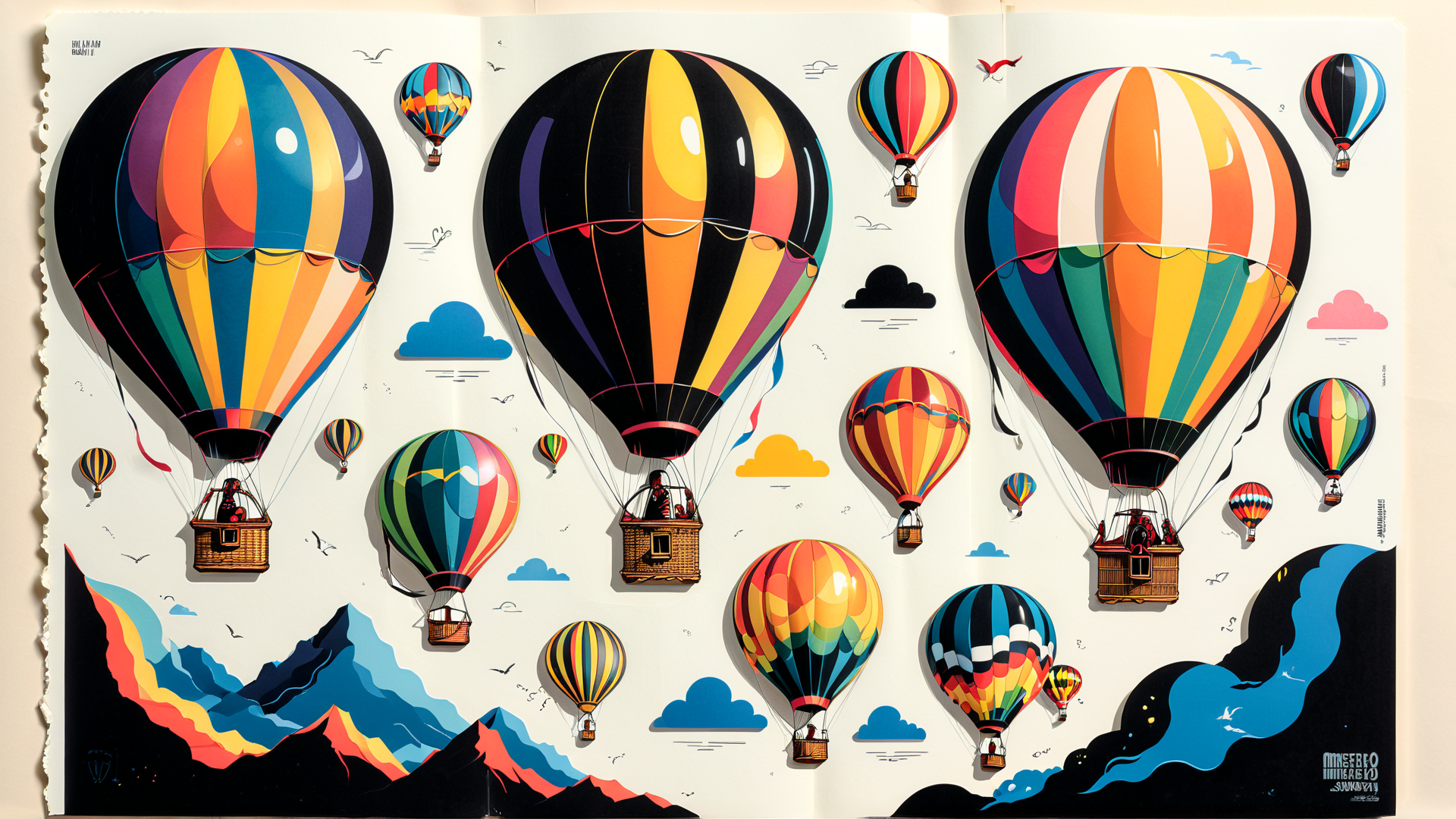 AI generated wallpaper featuring hot air balloons, mountains, clouds