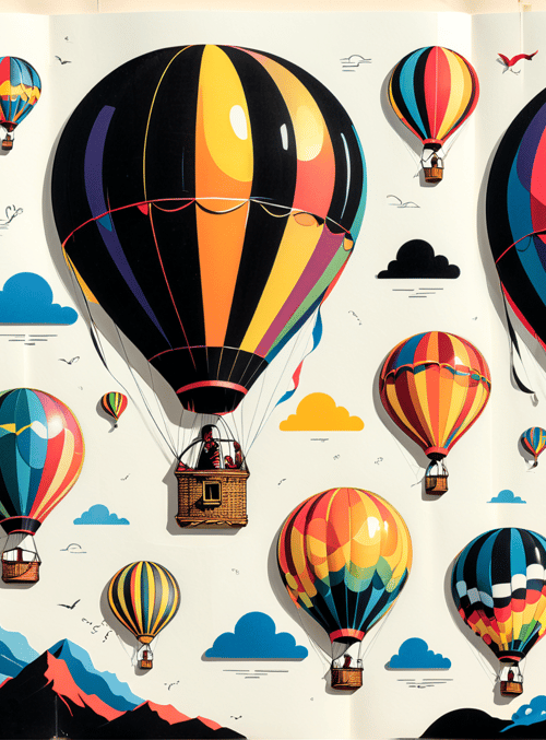 hot air balloons, mountains, clouds