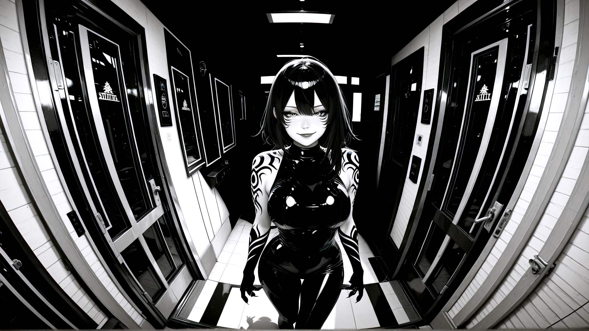 AI generated wallpaper featuring anime, woman, corridor, doors, tattoo