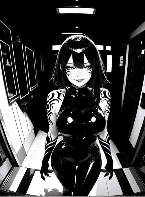 anime, woman, corridor, doors, tattoo