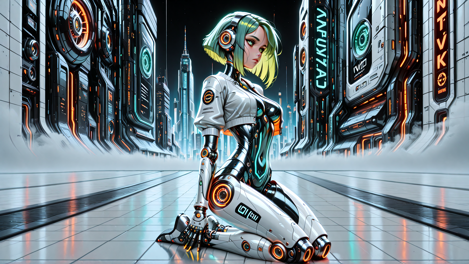AI generated wallpaper featuring cyborg, robot, woman, futuristic city, neon lights, headphones, gears, cityscape, technology, urban