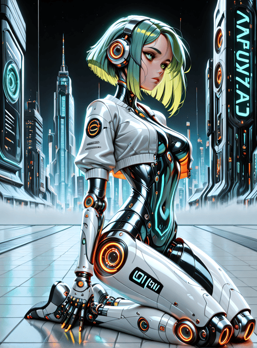 cyborg, robot, woman, futuristic city, neon lights, headphones, gears, cityscape, technology, urban