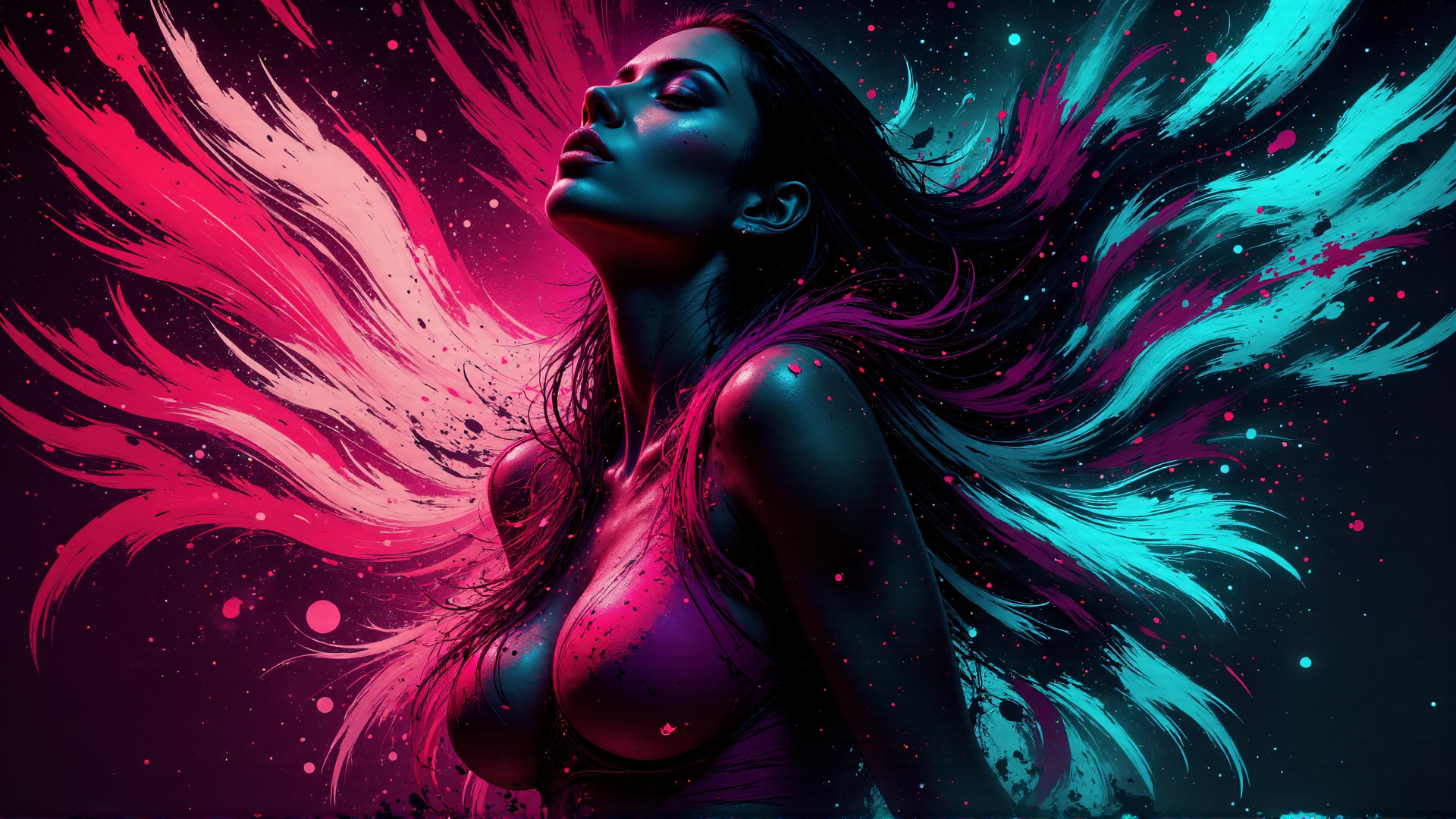AI generated wallpaper featuring woman, wing, paint