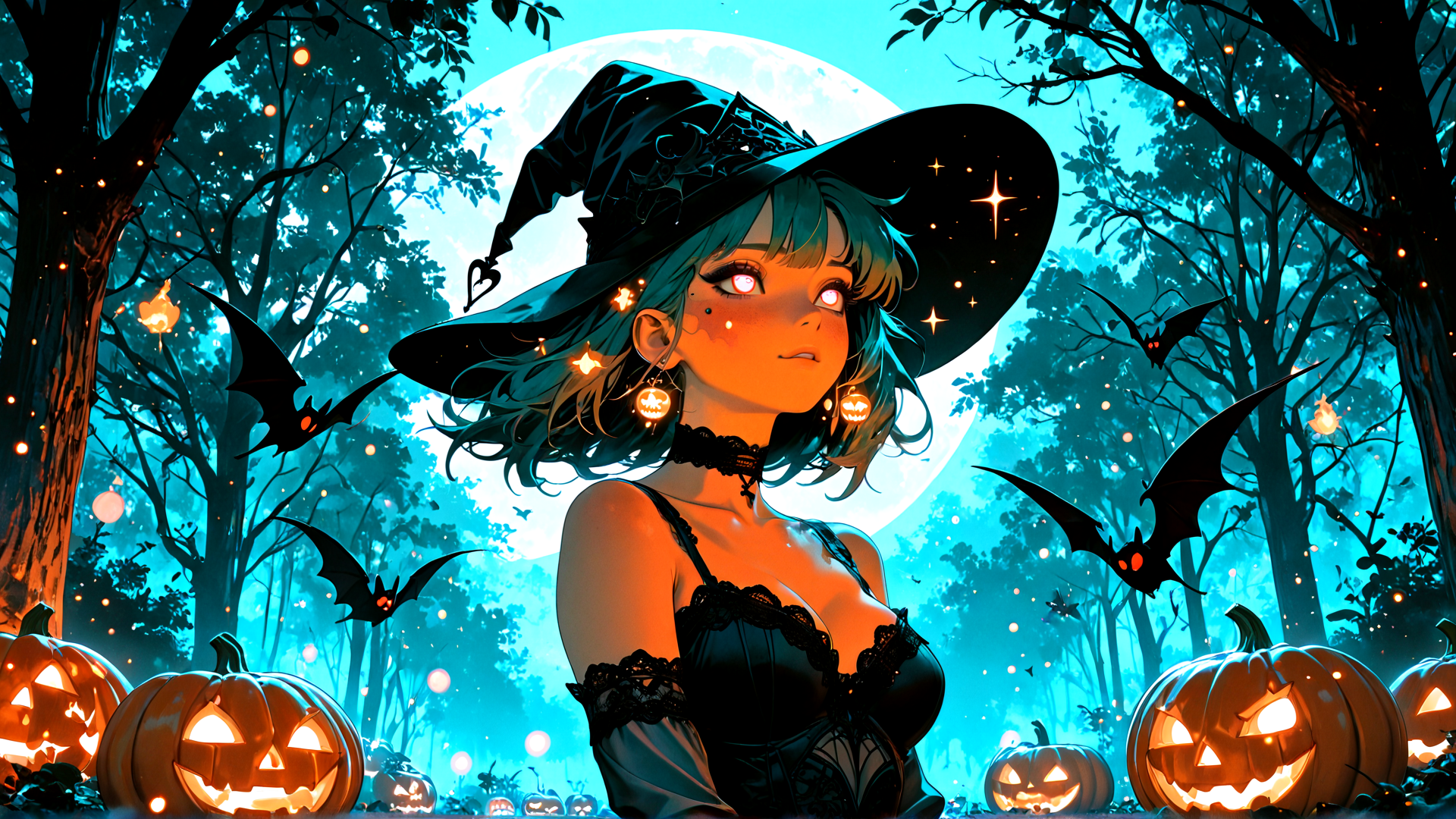AI generated wallpaper featuring witch, pumpkin, bat, moon, forest, luminescent, sparkles, jack-o'-lantern, candle, choker