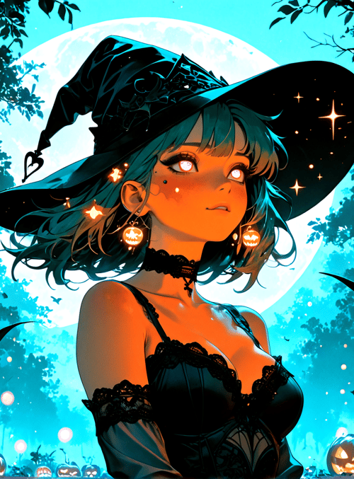 witch, pumpkin, bat, moon, forest, luminescent, sparkles, jack-o'-lantern, candle, choker