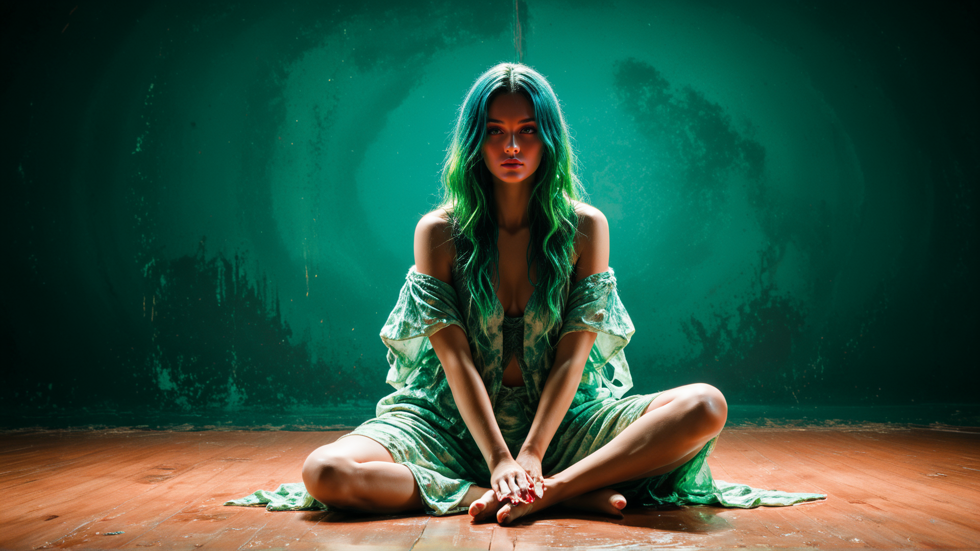 AI generated wallpaper featuring woman, green hair, dress, sitting, hands, feet
