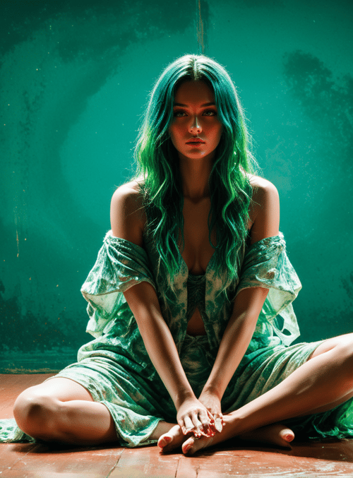 woman, green hair, dress, sitting, hands, feet