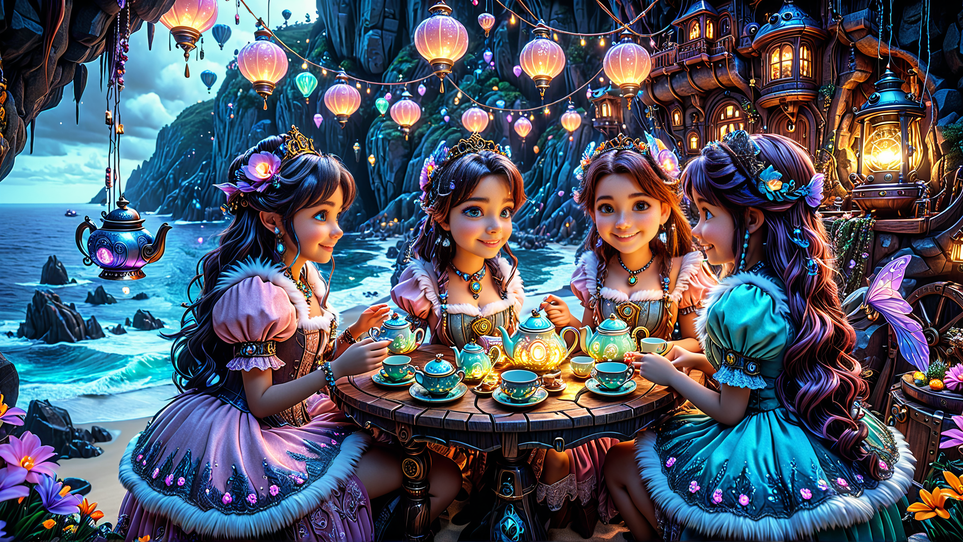 AI generated wallpaper featuring girls, teapot, lanterns