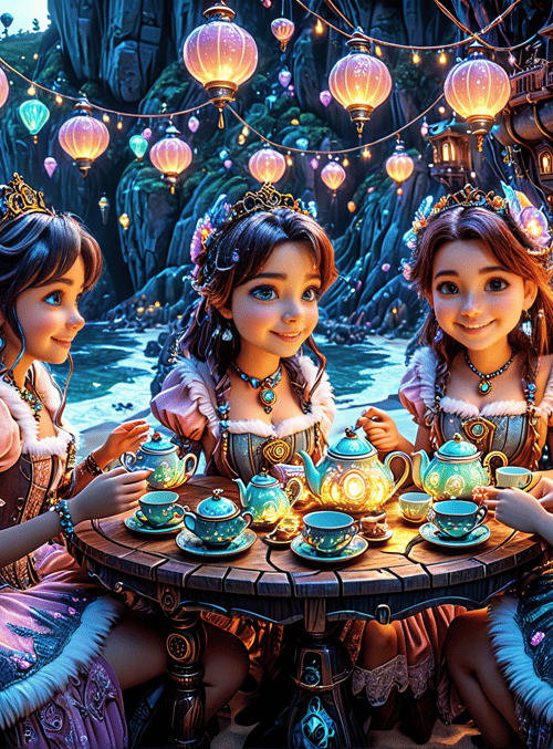 girls, teapot, lanterns