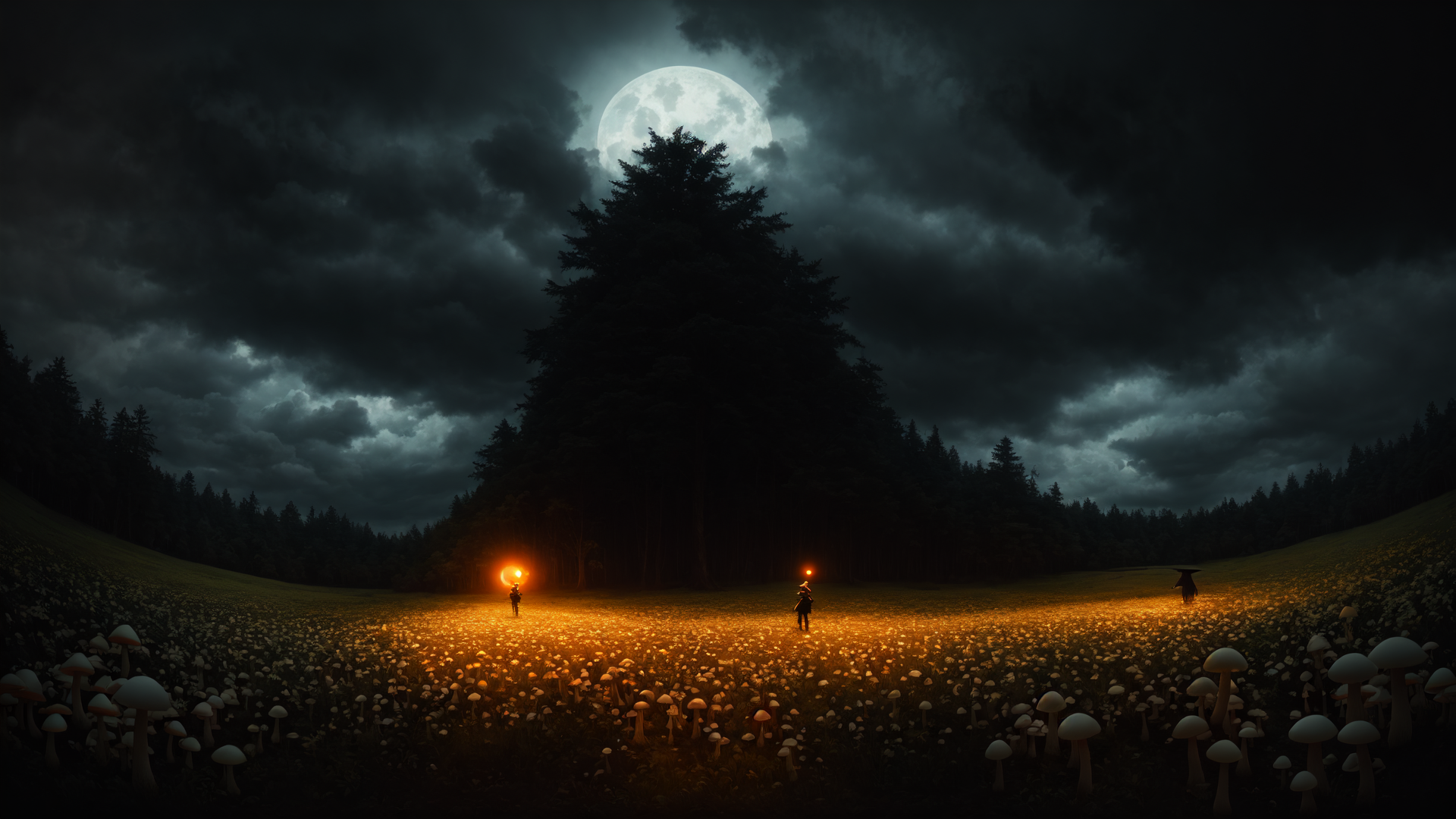 AI generated wallpaper featuring moon, tree, mushroom, person, field, cloud, light, forest