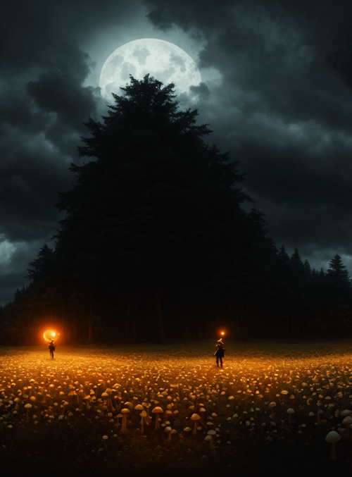 moon, tree, mushroom, person, field, cloud, light, forest