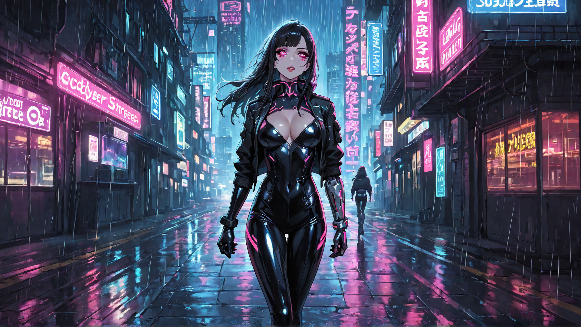 AI generated wallpaper featuring woman, neon, city