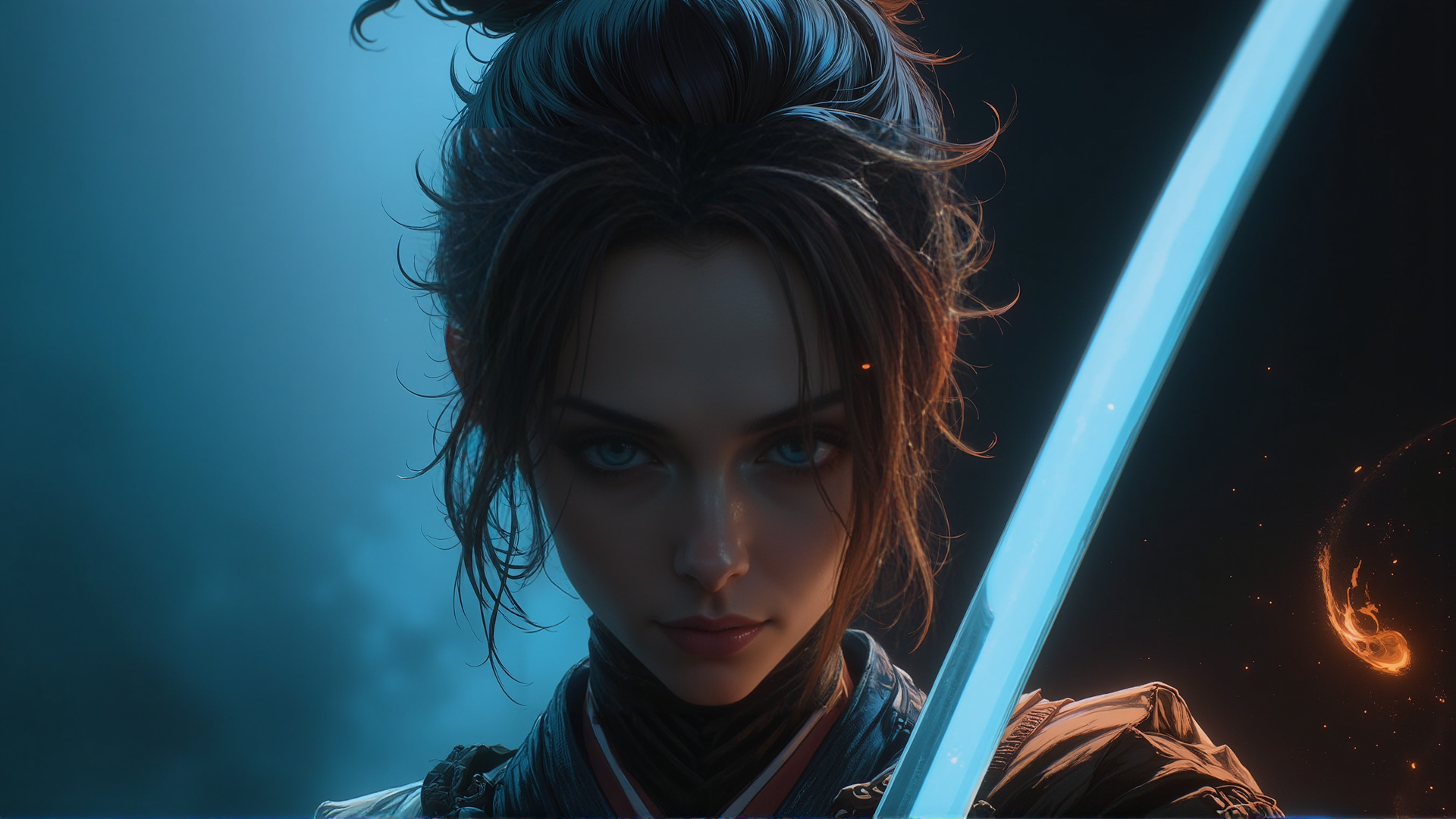 AI generated wallpaper featuring woman, lightsaber