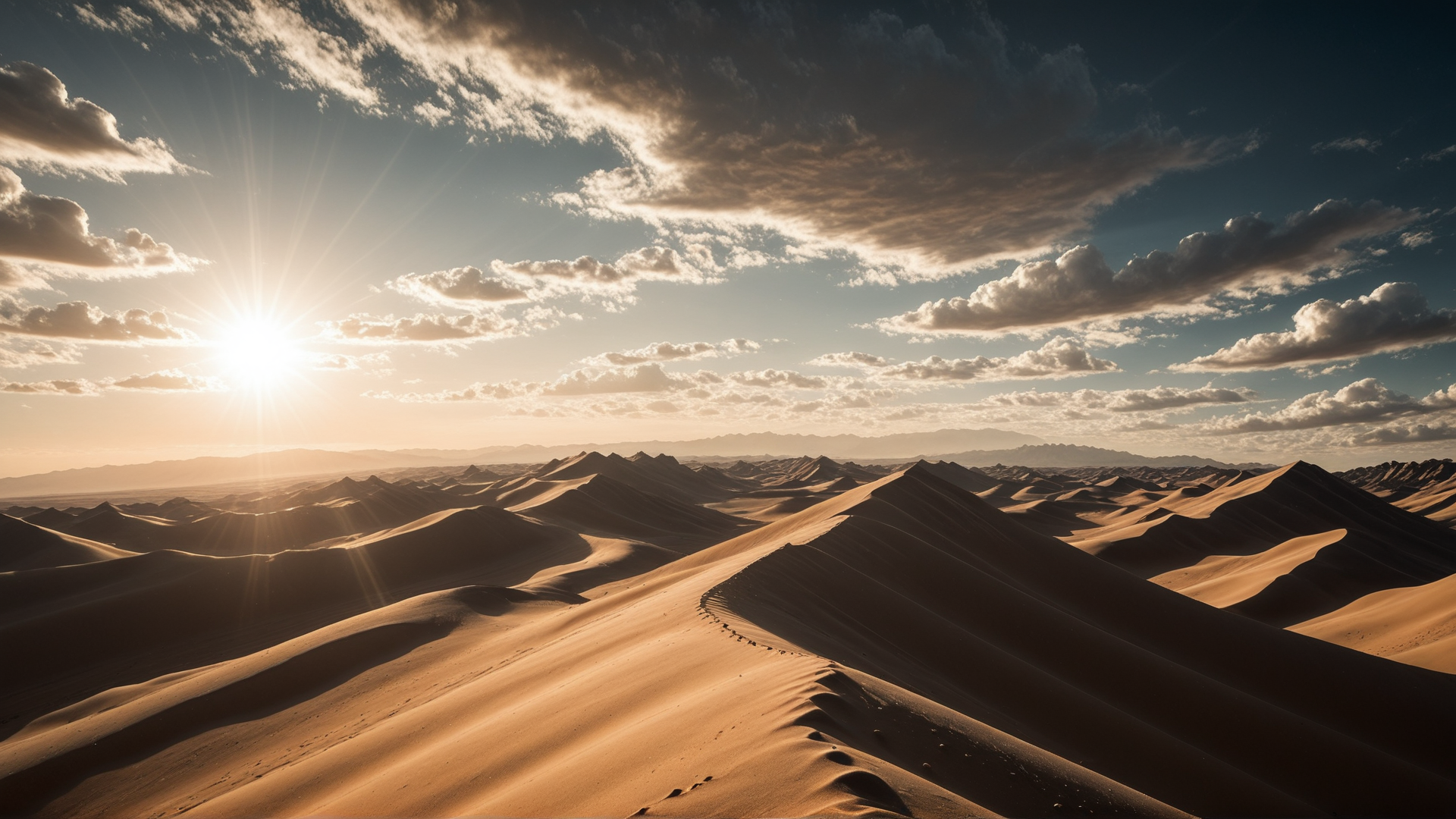 AI generated wallpaper featuring desert, dunes, sun, clouds, mountains, sand