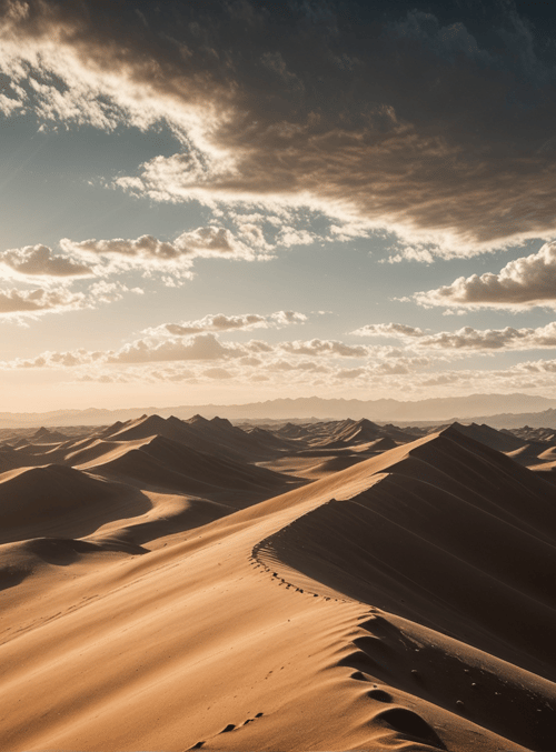 desert, dunes, sun, clouds, mountains, sand