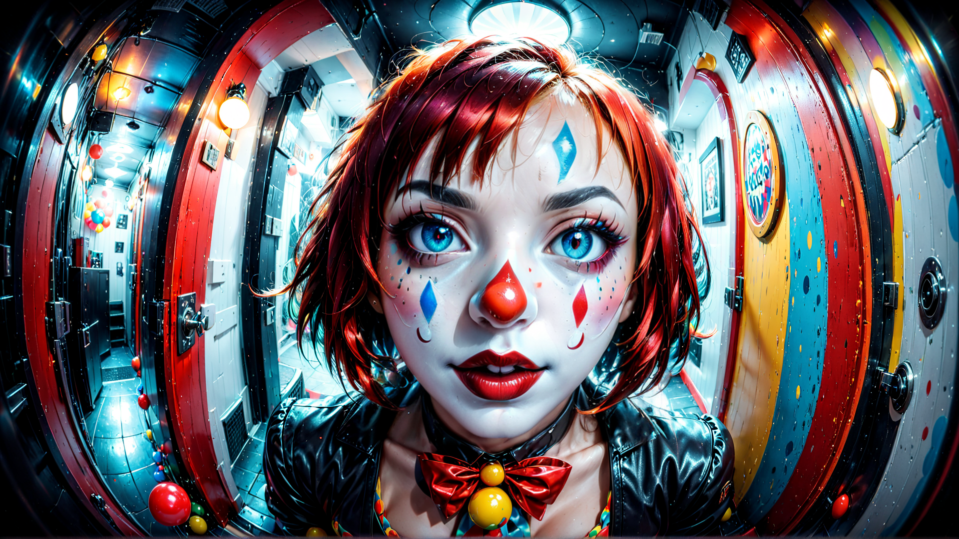 AI generated wallpaper featuring clown, girl, joker, character, face