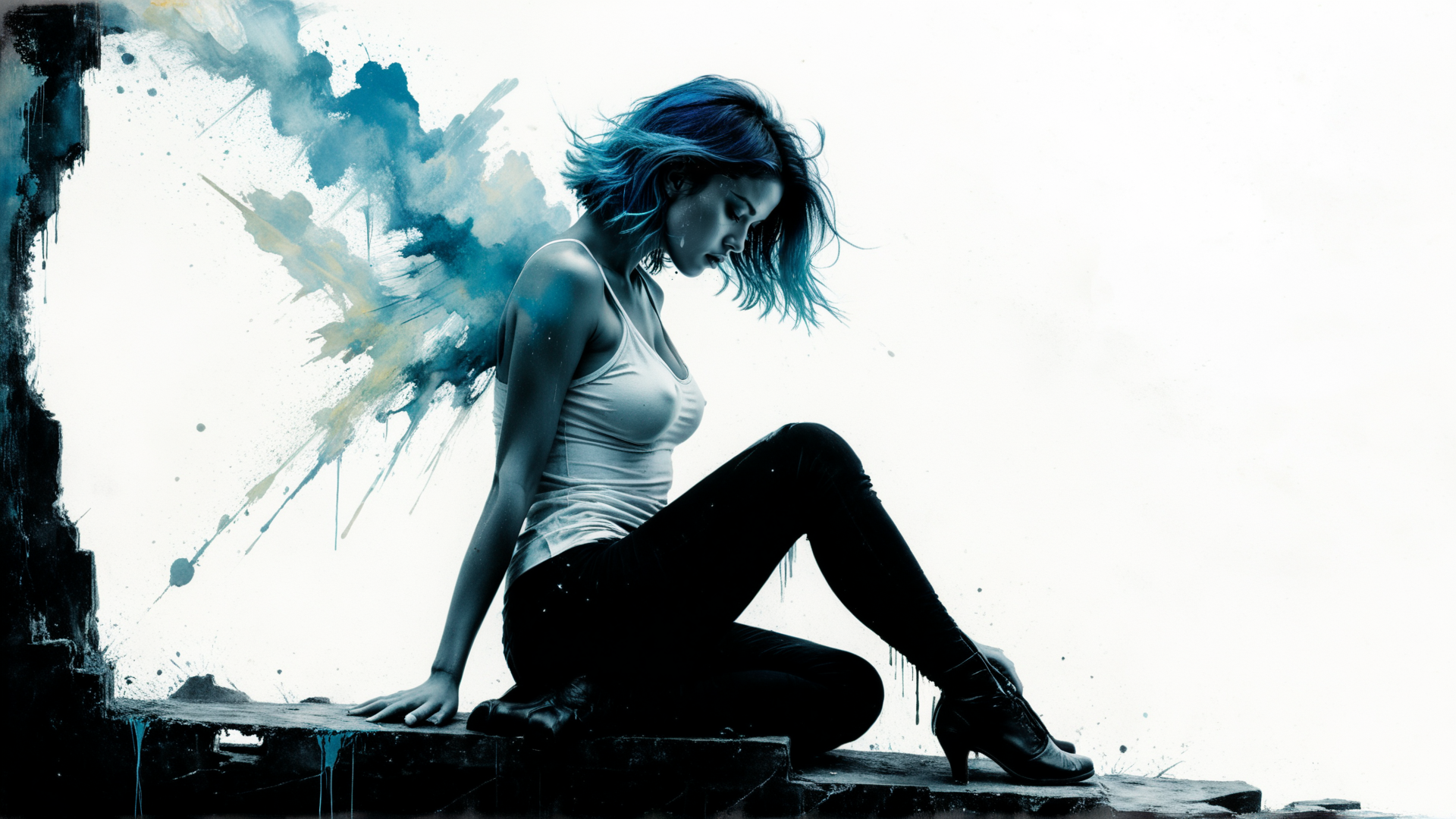 AI generated wallpaper featuring woman, sitting, blue hair, high heels, tank top, black pants, ink splatter, concrete ledge