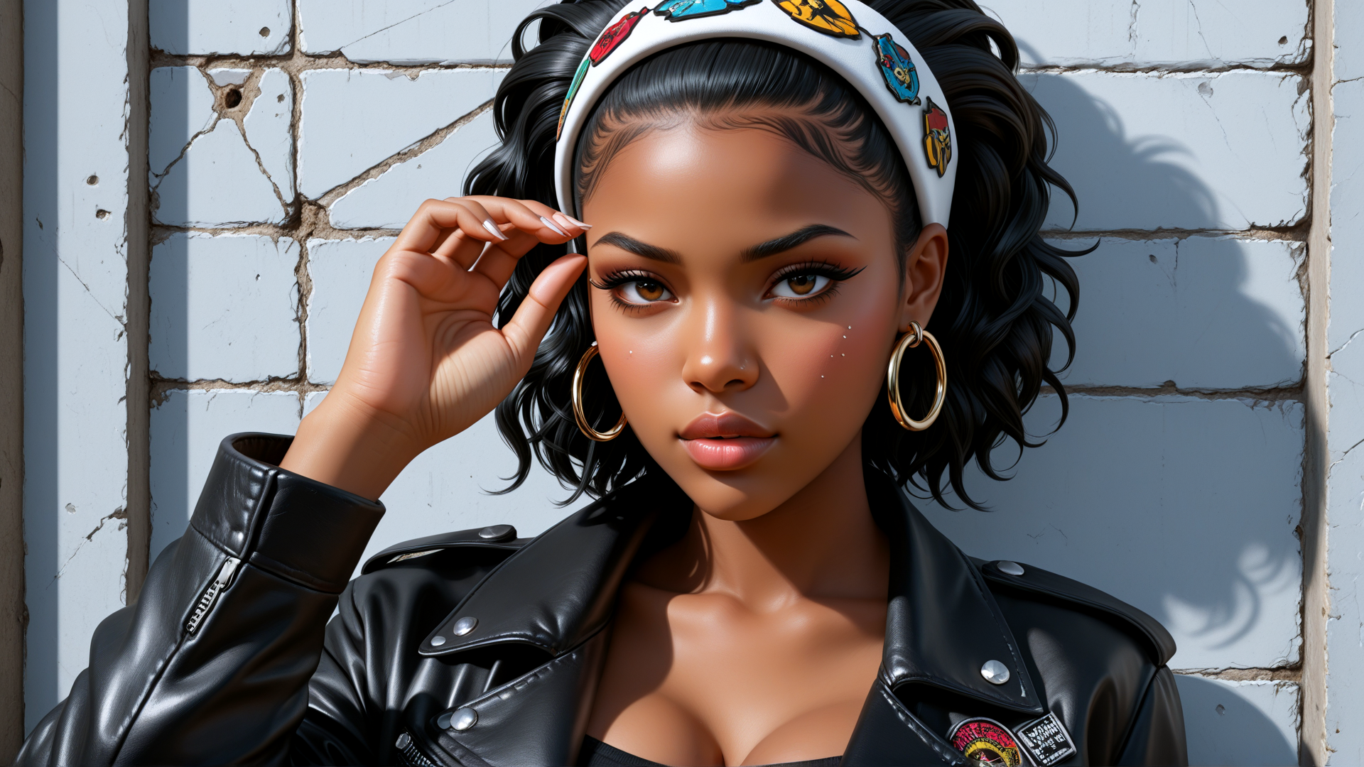 AI generated wallpaper featuring woman, headband, jacket, earrings, hair