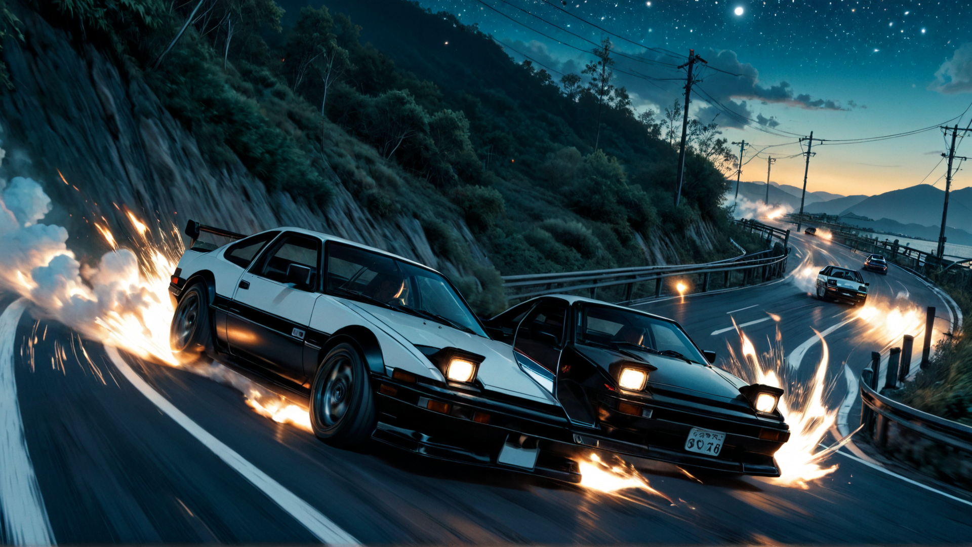 AI generated wallpaper featuring cars, road, fire, mountains, trees