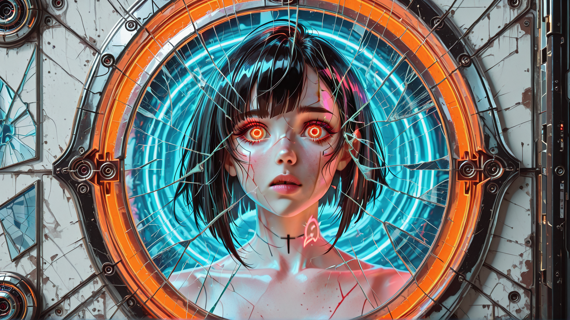 AI generated wallpaper featuring girl, cyberpunk, neon, glass, cracks