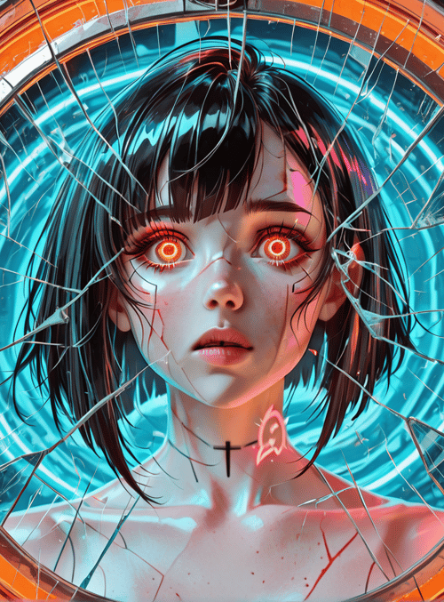 girl, cyberpunk, neon, glass, cracks