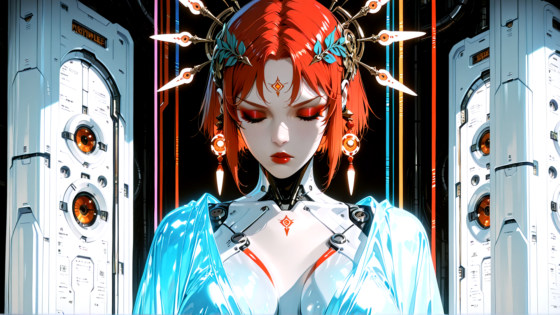 AI generated wallpaper featuring cyborg, woman, robot, anime, character
