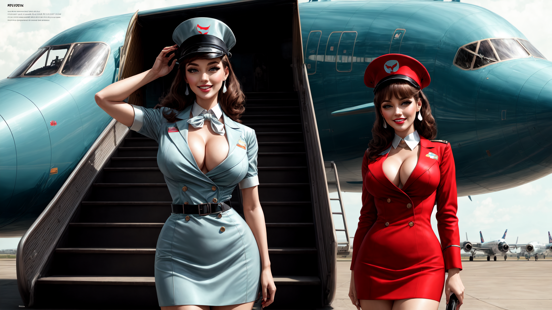 AI generated wallpaper featuring stewardess, airplane, uniform, hat, dress
