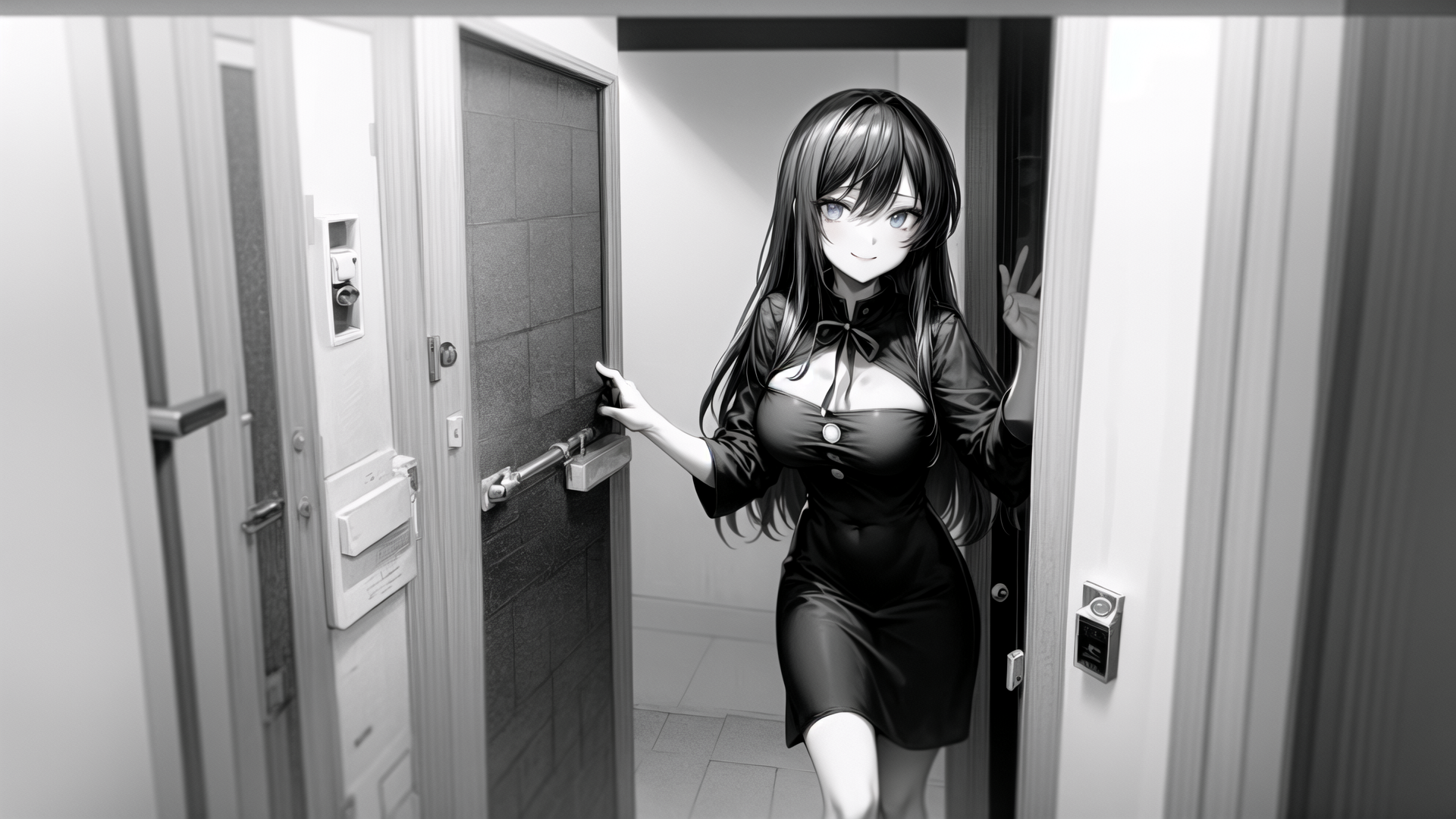 AI generated wallpaper featuring anime girl, woman, door