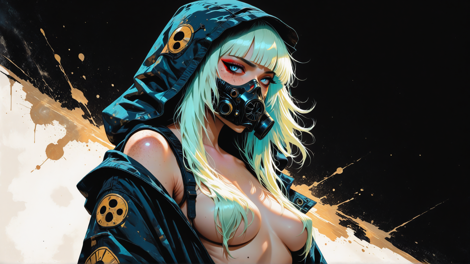 AI generated wallpaper featuring woman, hood, gas mask, blonde hair, sleeveless top, splotch
