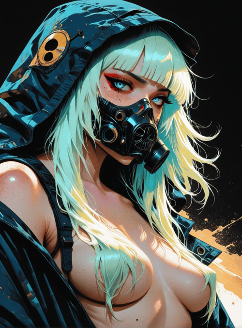 woman, hood, gas mask, blonde hair, sleeveless top, splotch