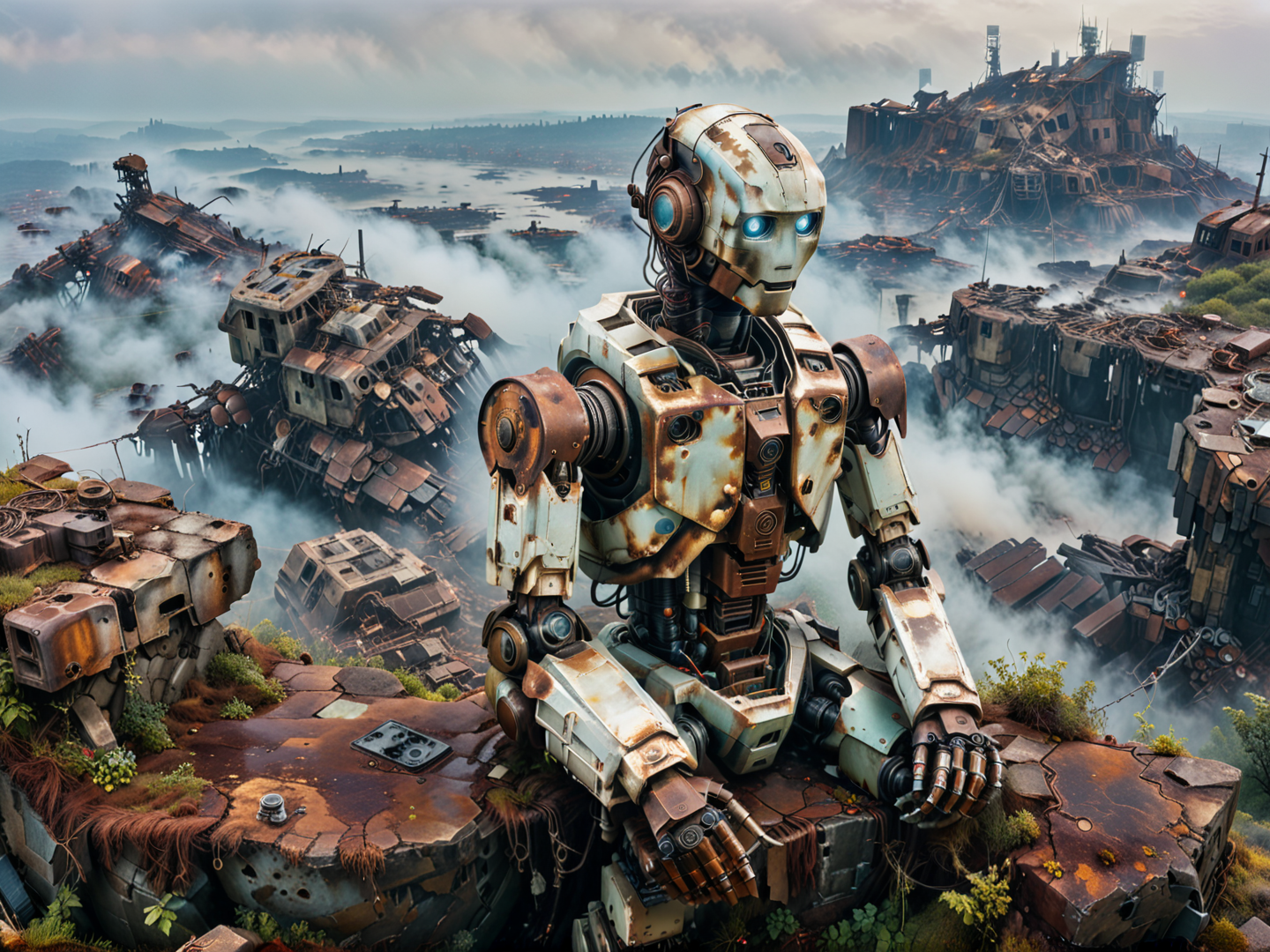AI generated wallpaper featuring robot, ruins, wreckage, landscape, clouds, structures, nature, mechanical, dystopian, decay