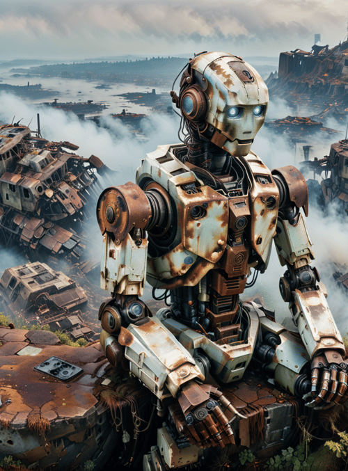 robot, ruins, wreckage, landscape, clouds, structures, nature, mechanical, dystopian, decay