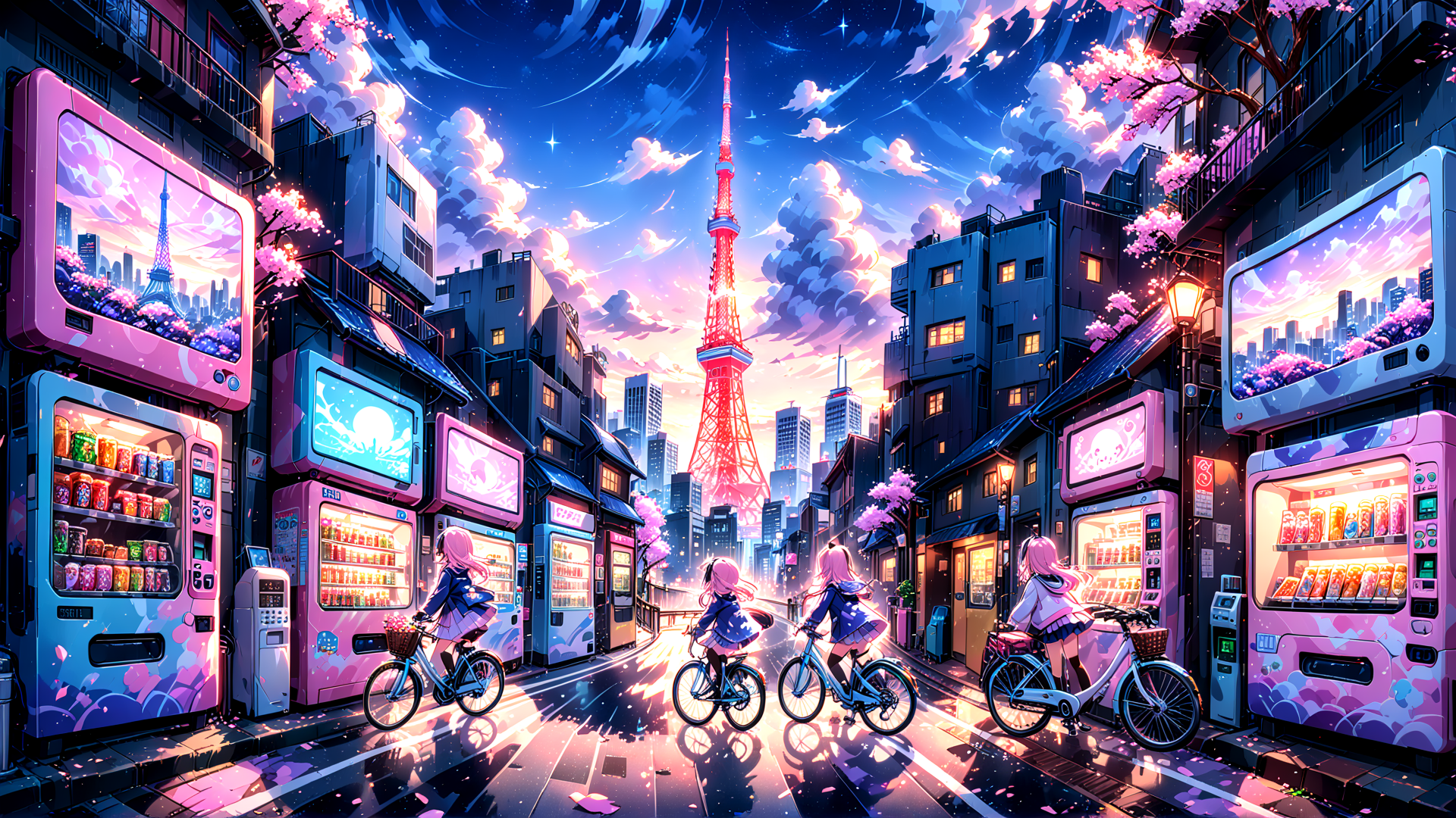 AI generated wallpaper featuring bicycles, girls, tower