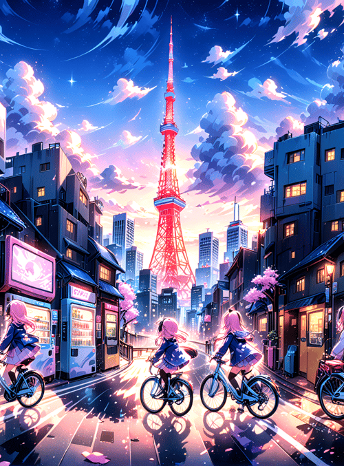 bicycles, girls, tower