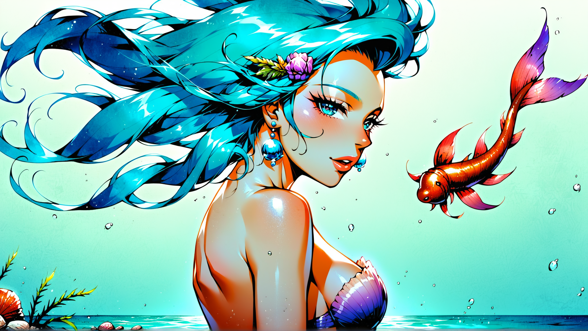 AI generated wallpaper featuring mermaid, fish, hair, seashell, water