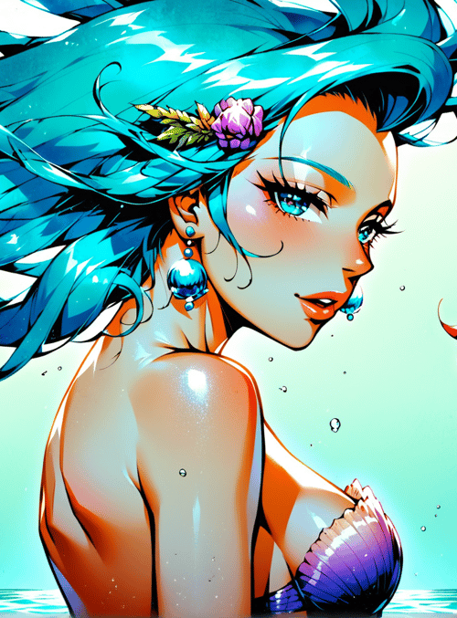 mermaid, fish, hair, seashell, water