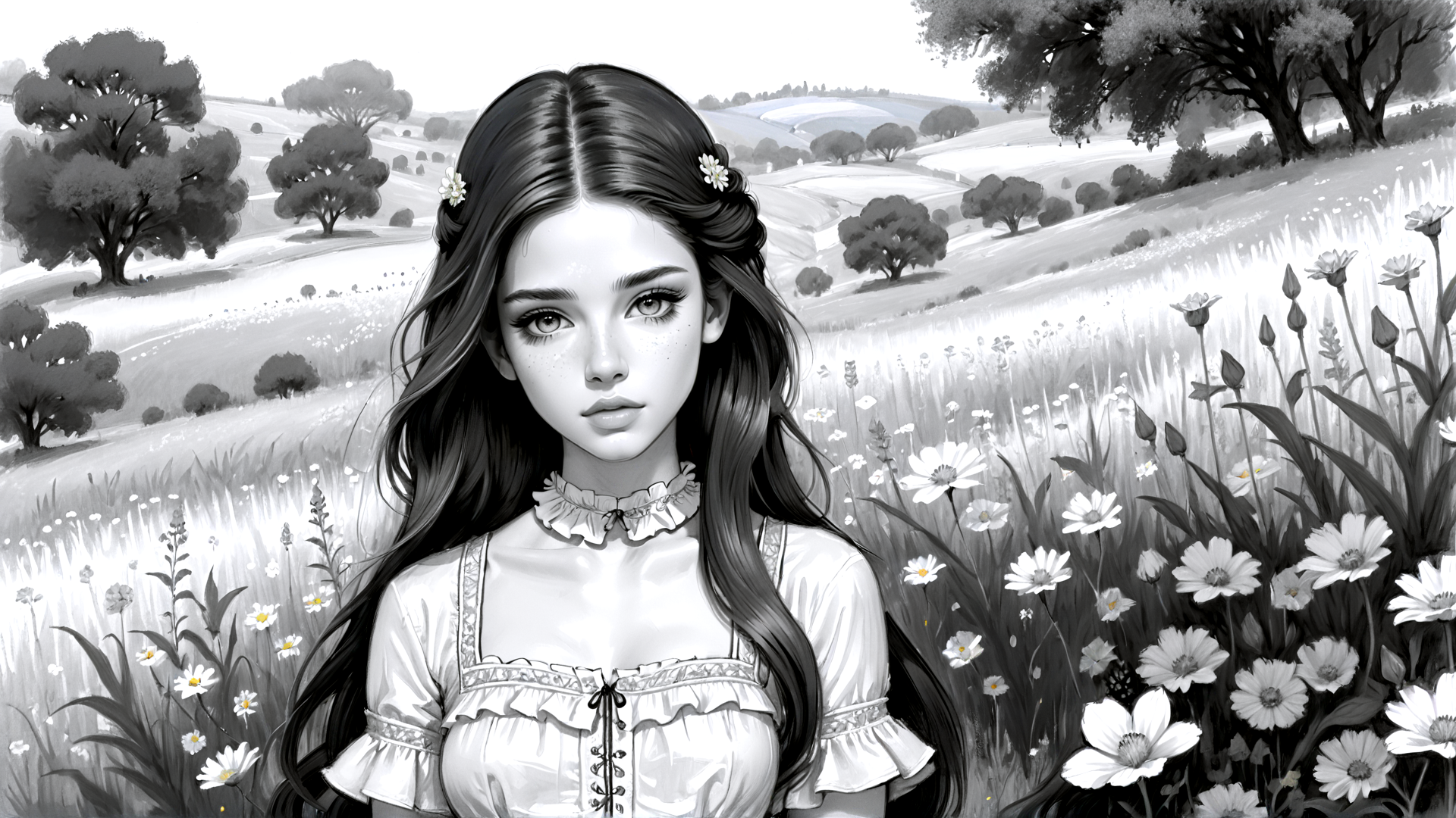 AI generated wallpaper featuring woman, flowers, trees, field, dress