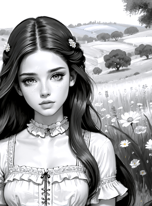 woman, flowers, trees, field, dress