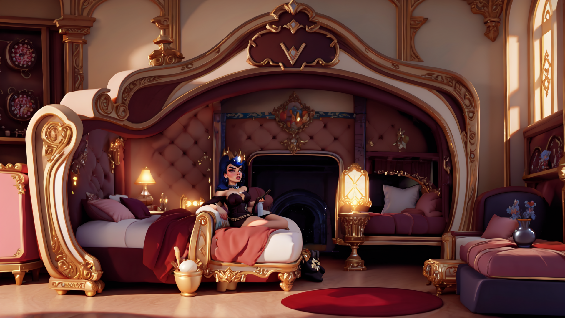 AI generated wallpaper featuring queen, bedroom, crown