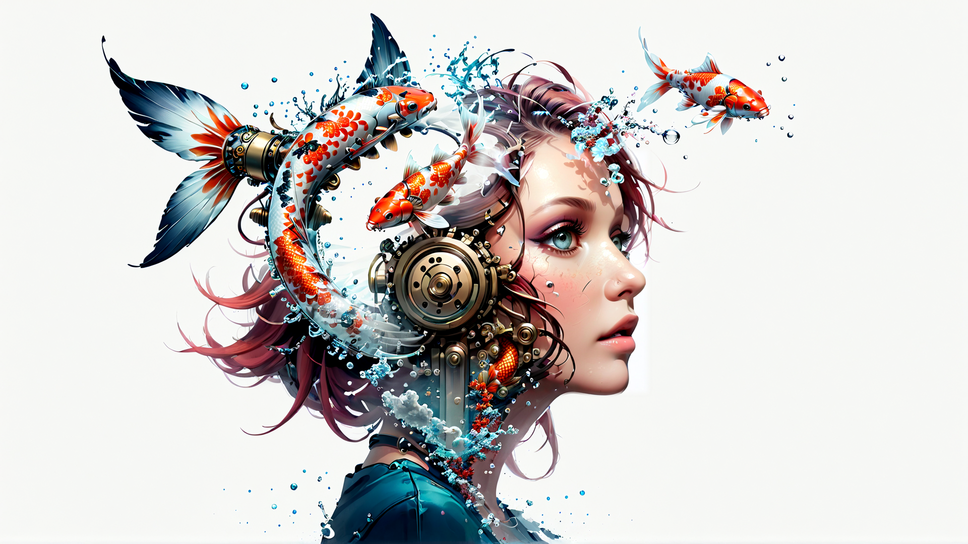 AI generated wallpaper featuring girl, koi fish, mechanical gears, water droplets, hair