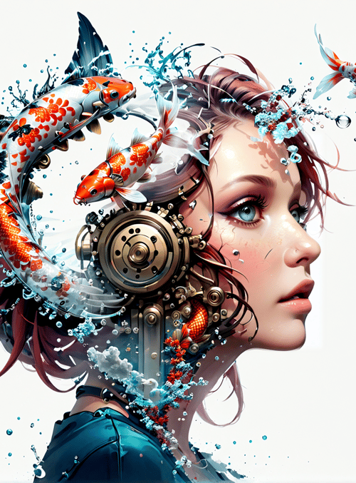 girl, koi fish, mechanical gears, water droplets, hair