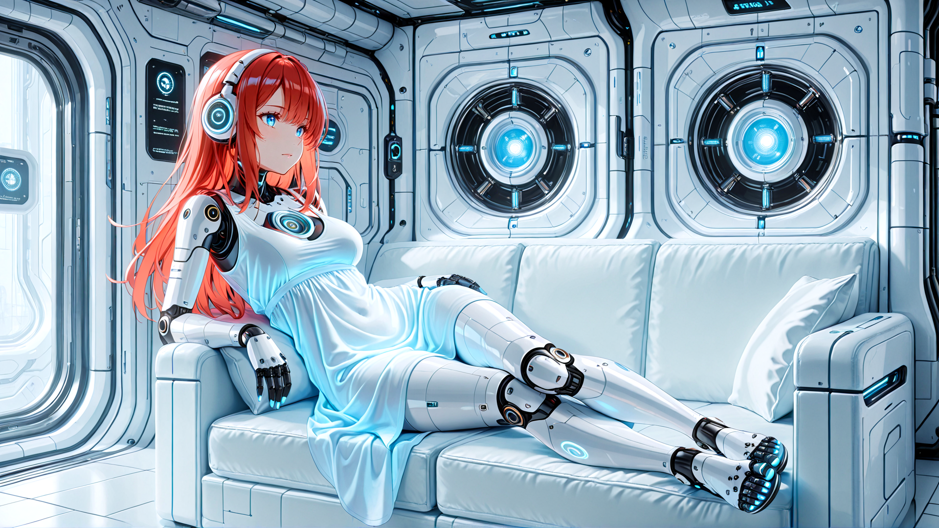 AI generated wallpaper featuring robot, girl, sitting, couch, headphones, dress, cyberpunk, spaceship, gaming, futuristic