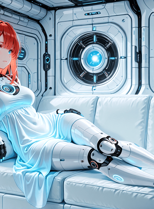 robot, girl, sitting, couch, headphones, dress, cyberpunk, spaceship, gaming, futuristic