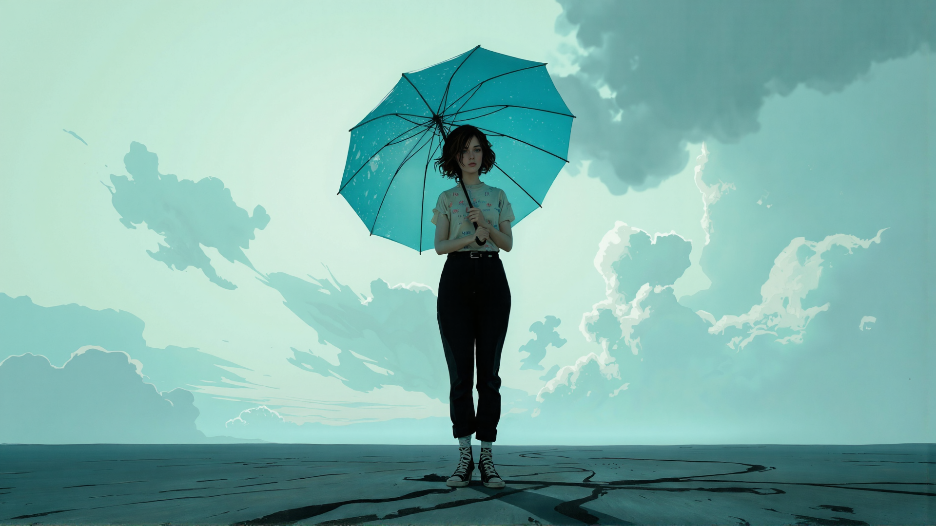 AI generated wallpaper featuring person, umbrella, clouds, sky