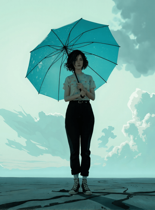 person, umbrella, clouds, sky
