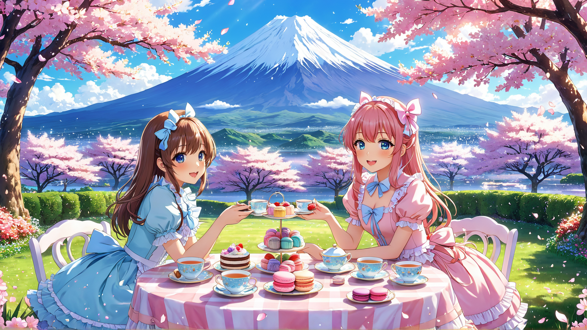 AI generated wallpaper featuring girls, cherry blossom, mount fuji
