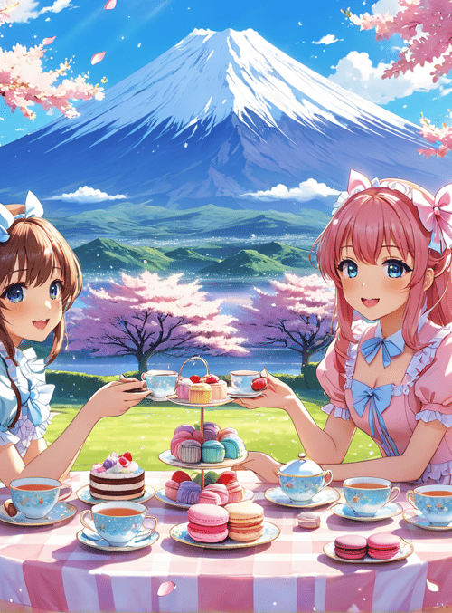 girls, cherry blossom, mount fuji