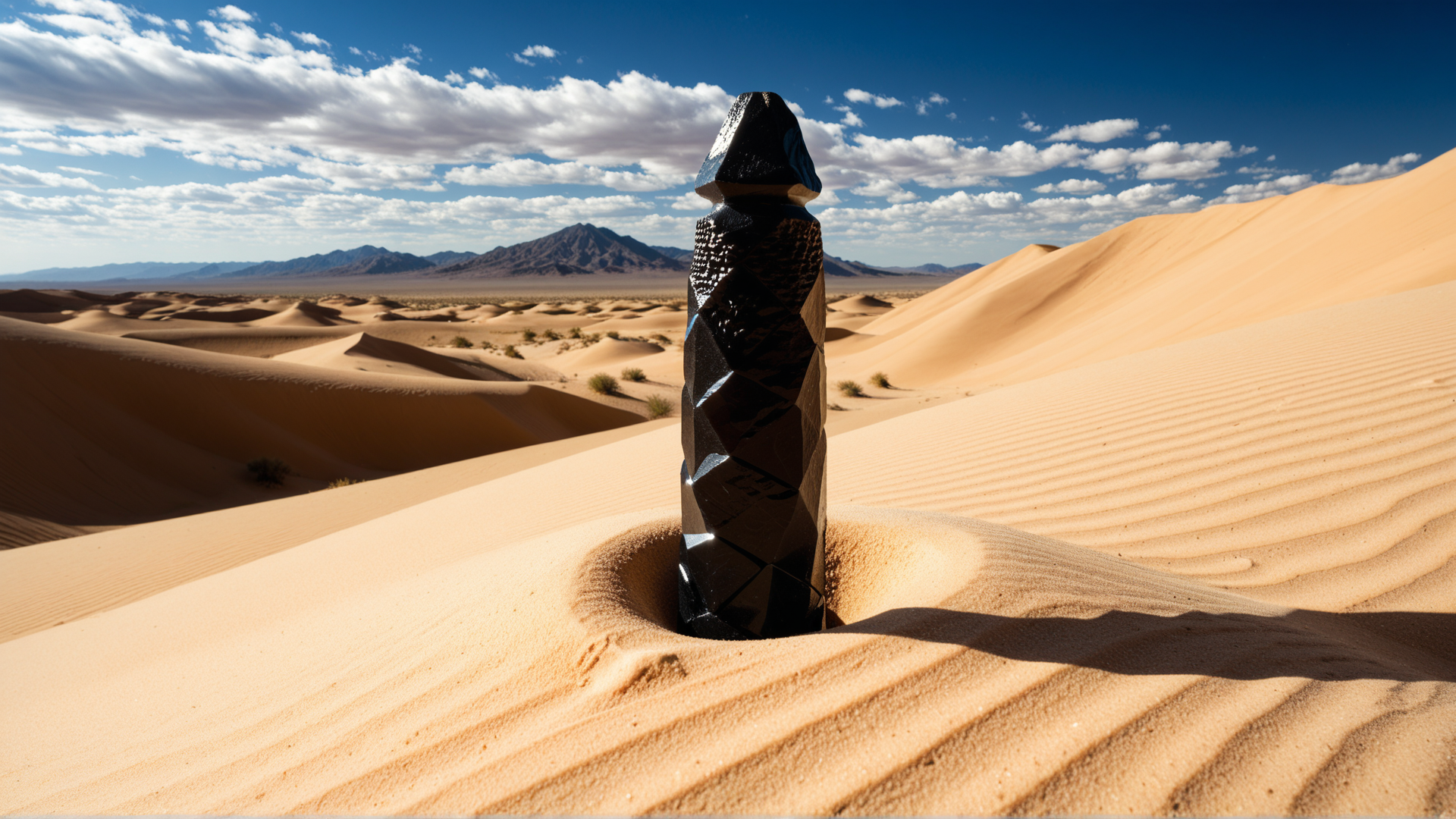 AI generated wallpaper featuring stone, desert, dune, sand, mountain, sky, cloud, sun, shadows, landscape