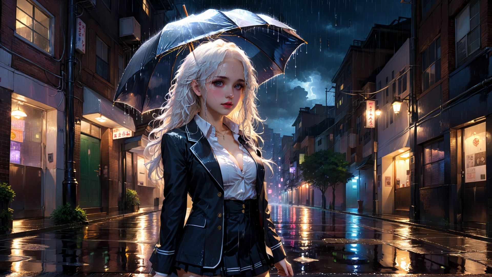 AI generated wallpaper featuring woman, umbrella, street, rain, buildings, neon, signs, clothing, hair, city
